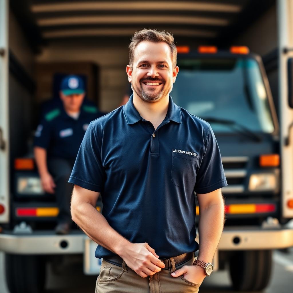 John, owner of Elite Moving Resolutions, standing in front of a moving truck with his crew