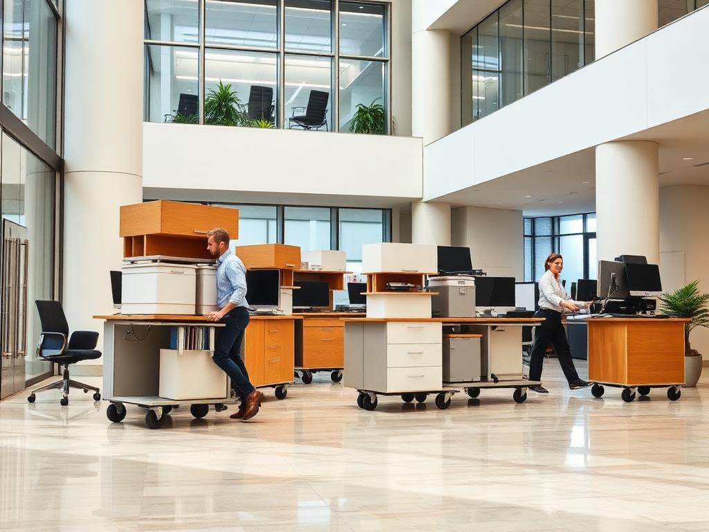 Commercial movers relocating office desks and equipment in a Norfolk office building