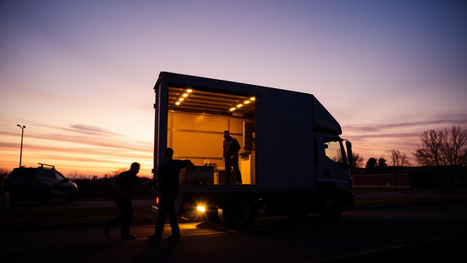 Professional movers loading a moving truck at dusk in Hampton Roads, Virginia