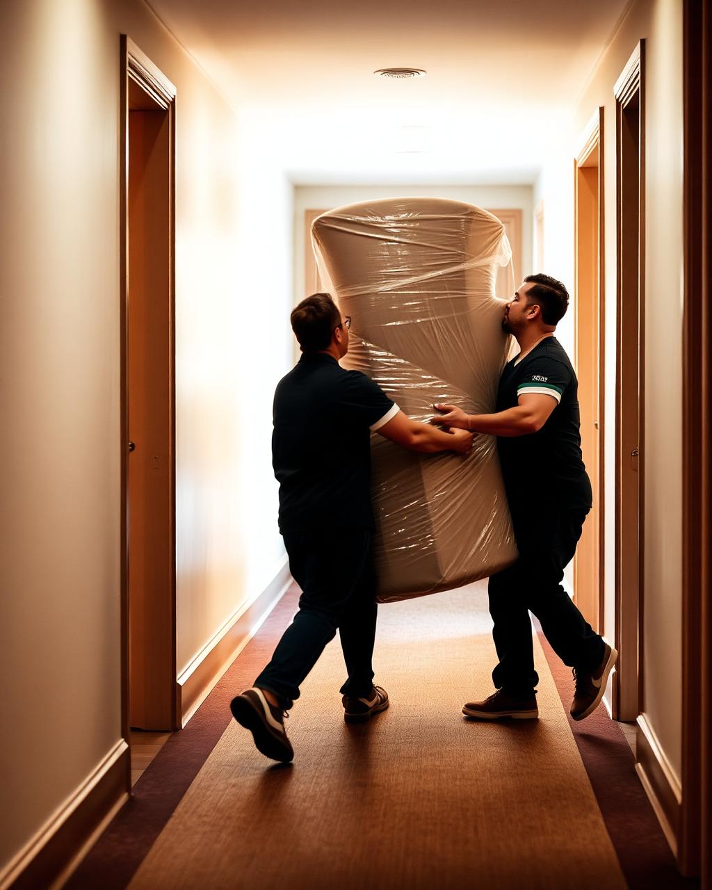 Two movers carrying a wrapped armchair through a hallway