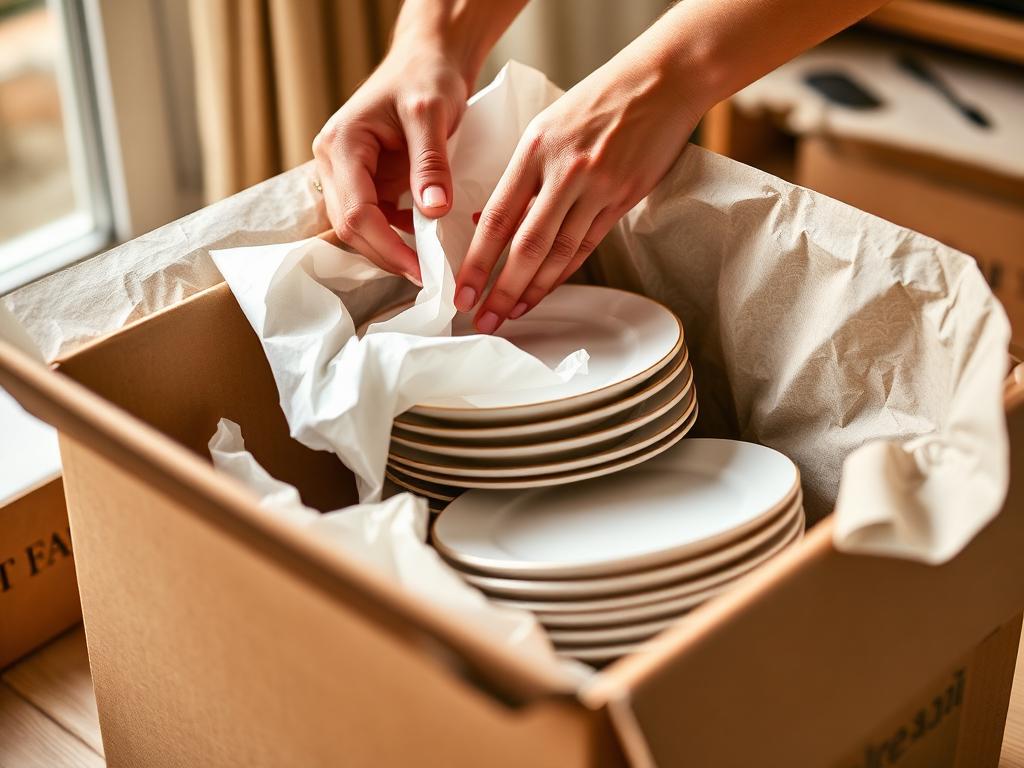 Careful packing of fragile dishes into a moving box with protective paper