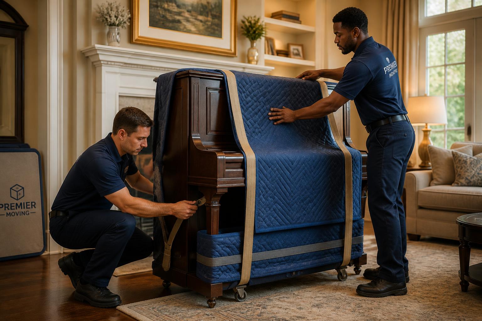 Professional piano movers wrapping and strapping an upright piano before transport