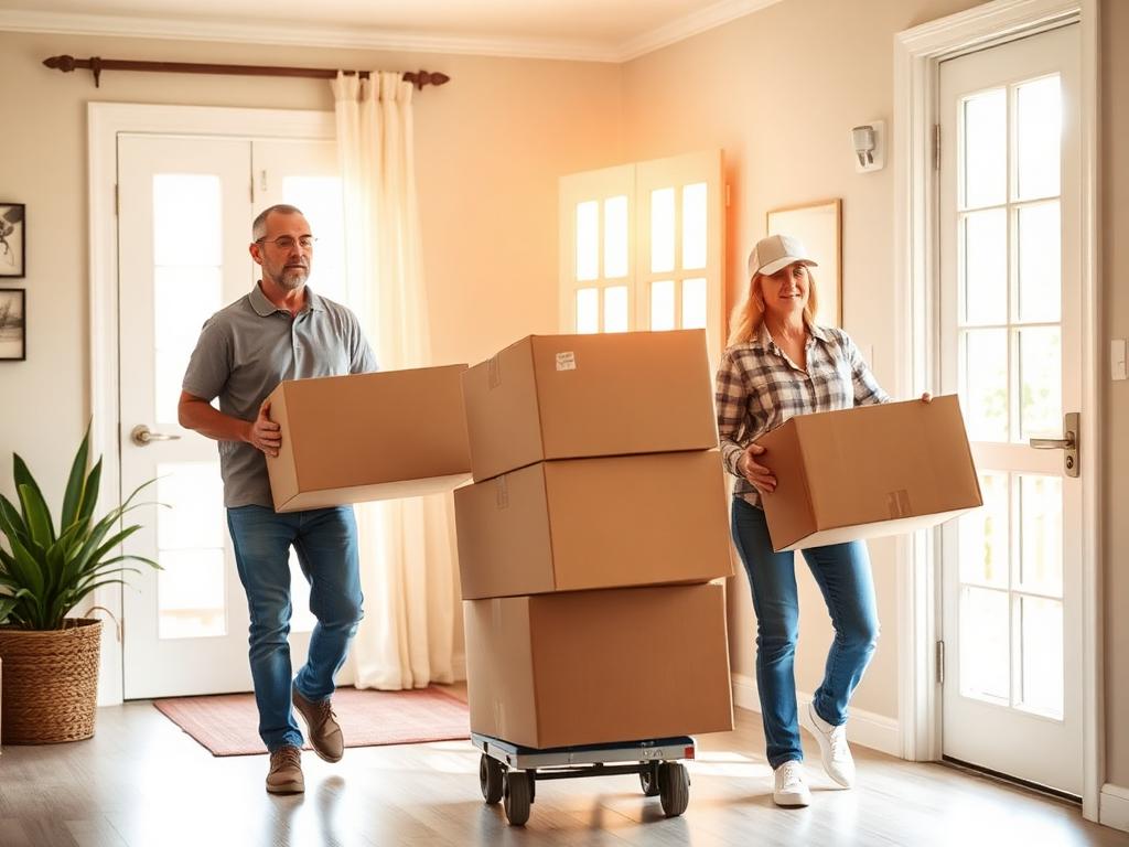 Residential movers carrying labeled moving boxes into a home in Virginia Beach, VA