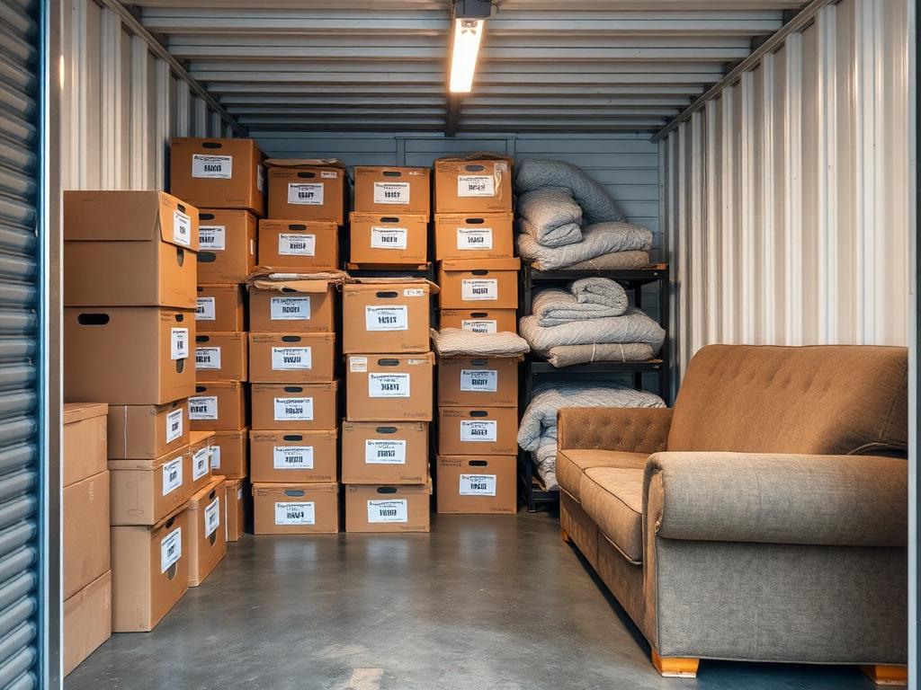 Organized storage unit with labeled moving boxes and blanket-wrapped furniture